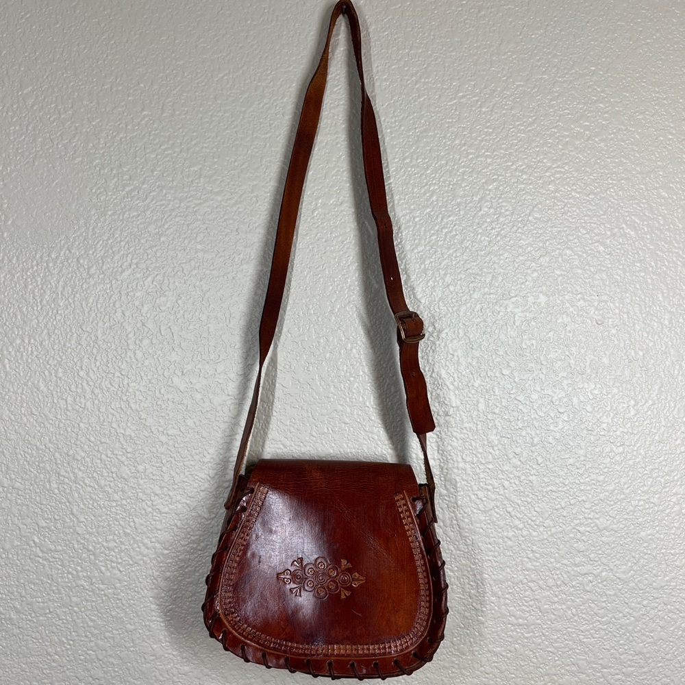 Vintage 70’s Genuine Leather Stitched Embossed Crossbody Bag Mexican Boho - Picture 4 of 11